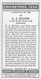 1934 Player's Cricketers #45 Stan McCabe Back
