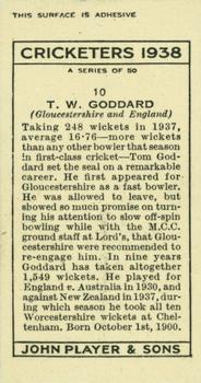 1938 Player's Cricketers #10 Tom Goddard Back
