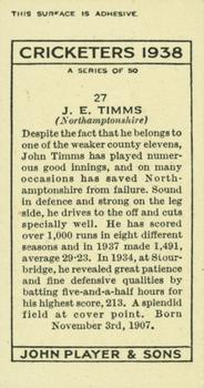 1938 Player's Cricketers #27 John Timms Back