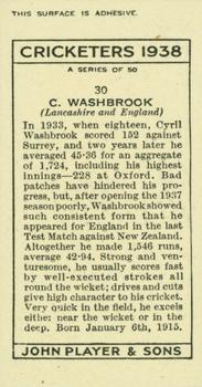 1938 Player's Cricketers #30 Cyril Washbrook Back