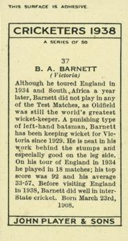 1938 Player's Cricketers #37 Ben Barnett Back