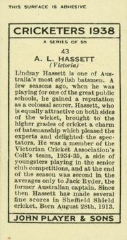 1938 Player's Cricketers #43 Lindsay Hassett Back
