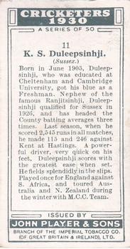 1930 Player's Cricketers #11 Kumar Shri Duleepsinhji Back