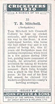 1930 Player's Cricketers #33 Tommy Mitchell Back