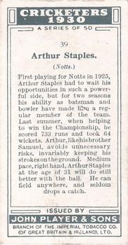 1930 Player's Cricketers #39 Arthur Staples Back