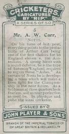 1926 Player's Cricketers (Caricatures by RIP) #5 Arthur Carr Back