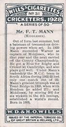 1928 Wills's Cricketers #31 Francis Mann Back
