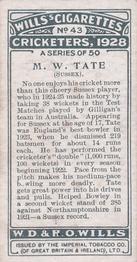 1928 Wills's Cricketers #43 Maurice Tate Back