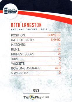 2018 Tap 'N' Play We are England Cricket #053 Beth Langston Back