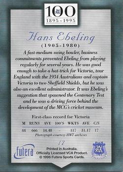 1996 Futera Victorian Cricket Association 1895-1995 #17 Hans Ebeling Back