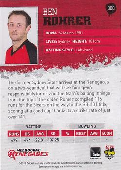2012-13 SEP T20 Big Bash League #088 Ben Rohrer Back
