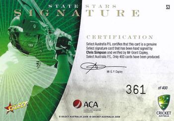 2008-09 Select Cricket Australia - State Stars Signatures #S3 Chris Simpson Back