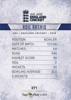 2018 Tap 'N' Play We are England Cricket - Silver Foil #071 Adil Rashid Back