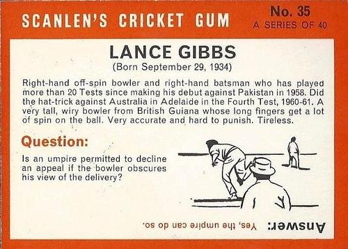 1965 Scanlen's Cricket #35 Lance Gibbs Back