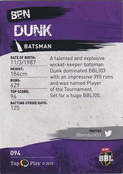 2015-16 Tap 'N' Play CA/BBL Cricket - Silver #094 Ben Dunk Back
