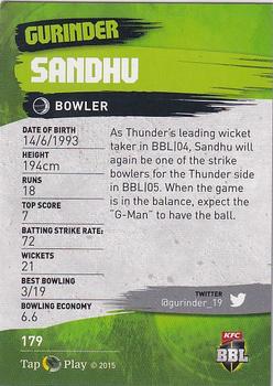 2015-16 Tap 'N' Play CA/BBL Cricket - Silver #179 Gurinder Sandhu Back