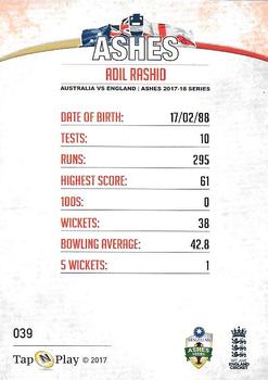 2017-18 Tap 'N' Play Ashes #039 Adil Rashid Back