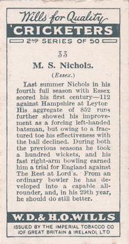 1928 Wills's Cricketers 2nd Series #33 Maurice Nichols Back