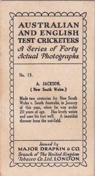 1928 Major Drapkin & Co. Australian and English Test Cricketers #13 Archie Jackson Back