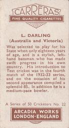 1934 Carreras A Series Of 50 Cricketers #22 Len Darling Back