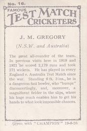 1926 Amalgamated Press Famous Test Match Cricketers #16 Jack Gregory Back