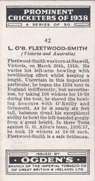 1938 Ogden's Prominent Cricketers #42 Chuck Fleetwood-Smith Back