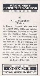 1938 Ogden's Prominent Cricketers #43 Lindsay Hassett Back