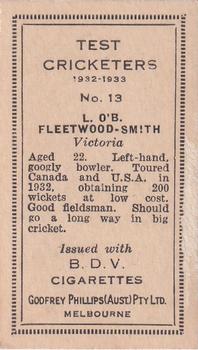 1932 Godfrey Phillips Test Cricketers #13 Chuck Fleetwood-Smith Back