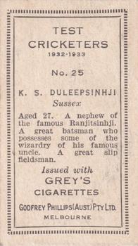 1932 Godfrey Phillips Test Cricketers #25 K.S. Duleepsinhji Back