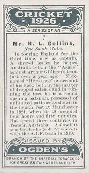 1926 Ogden's Cricket #7 Herbie Collins Back