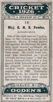 1926 Ogden's Cricket #16 Gustavus Fowke Back