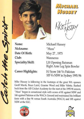 1995-96 Western Warriors Cricket Catch The Spirit #NNO Michael Hussey Back