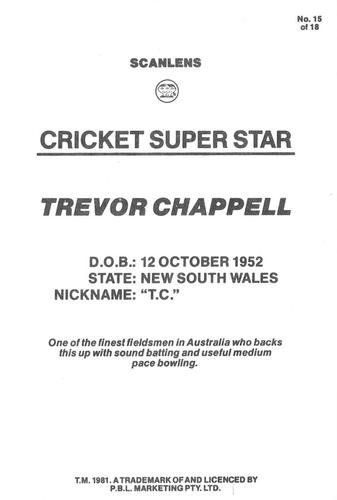 1981 Scanlens Cricket Super Star #15 Trevor Chappell Back