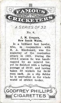 1926 Godfrey Phillips Famous Cricketers #6 Jack Gregory Back