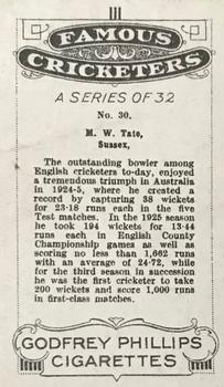 1926 Godfrey Phillips Famous Cricketers #30 Maurice Tate Back