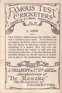 1928 J.Millhoff & Co Famous Test Cricketers (Large) #19 Les Ames Back