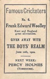 1922 Amalgamated Press The Boys Realm Famous Cricketers #6 Frank Edward Woolley Back