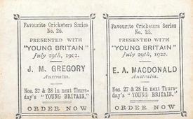 1922 Amalgamated Press Young Britain Favourite Cricketers - Uncut Pairs #25/26 E.A. MacDonald / J.M. Gregory Back