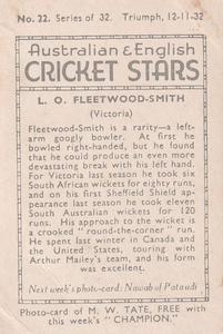 1932 Amalgamated Press Australian & English Cricket Stars #22 Chuck Fleetwood-Smith Back