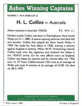 1992 Victoria Gallery Ashes Winning Captains #11 Herbie Collins Back