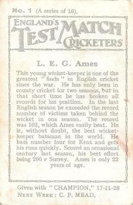 1928 Amalgamated Press England's Test Match Cricketers #1 Les Ames Back