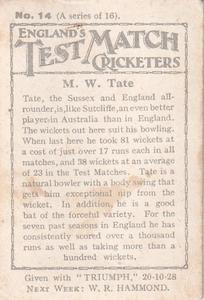 1928 Amalgamated Press England's Test Match Cricketers #14 Maurice Tate Back