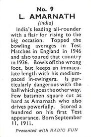 1947 Amalgamated Press Radio Fun Cricketers #9 Lala Amarnath Back