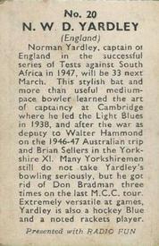1947 Amalgamated Press Radio Fun Cricketers #20 Norman Yardley Back