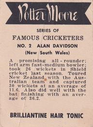 1951 Potter & Moore Australian Famous Cricketers #2 Alan Davidson Back