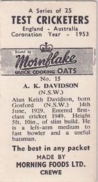 1953 Morning Foods Test Cricketers #15 Alan Davidson Back