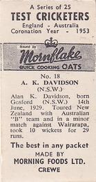 1953 Morning Foods Test Cricketers #18 Alan Davidson Back