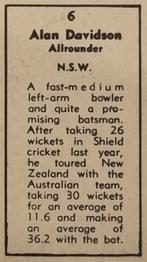 1951 Coles Australian & English Cricketers #6 Alan Davidson Back