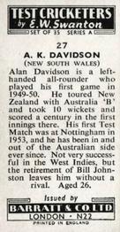 1956 Barratt & Co Test Cricketers Series A #27 Alan Davidson Back