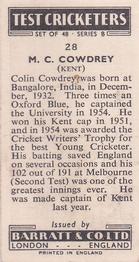 1956 Barratt & Co Test Cricketers Series B #28 Colin Cowdrey Back